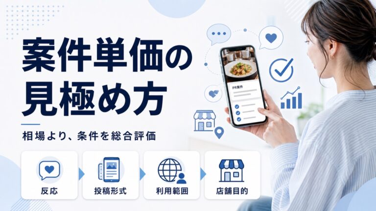 グルメインフルエンサーの案件単価の見極め方。相場より条件を総合評価する視点を示す図解