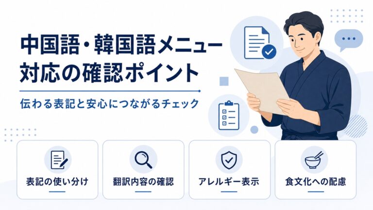 中国語・韓国語メニュー対応の確認ポイント。表記の使い分けや翻訳確認を示す画像