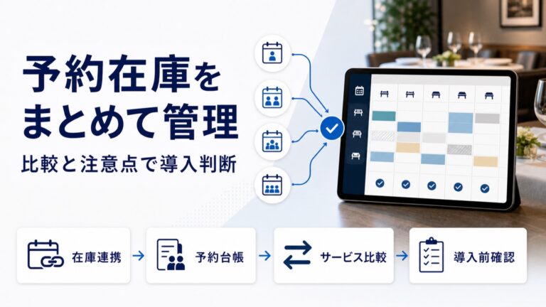 予約在庫をまとめて管理する仕組みのイメージ。複数の予約サイトからの予約が一つの在庫管理画面に集約され、在庫連携・予約台帳・サービス比較・導入前確認の流れを示している