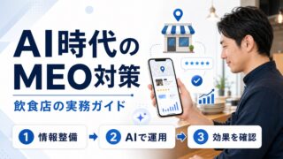 AI時代のMEO対策｜情報整備→AIで運用→効果を確認の3ステップを示すアイキャッチ画像