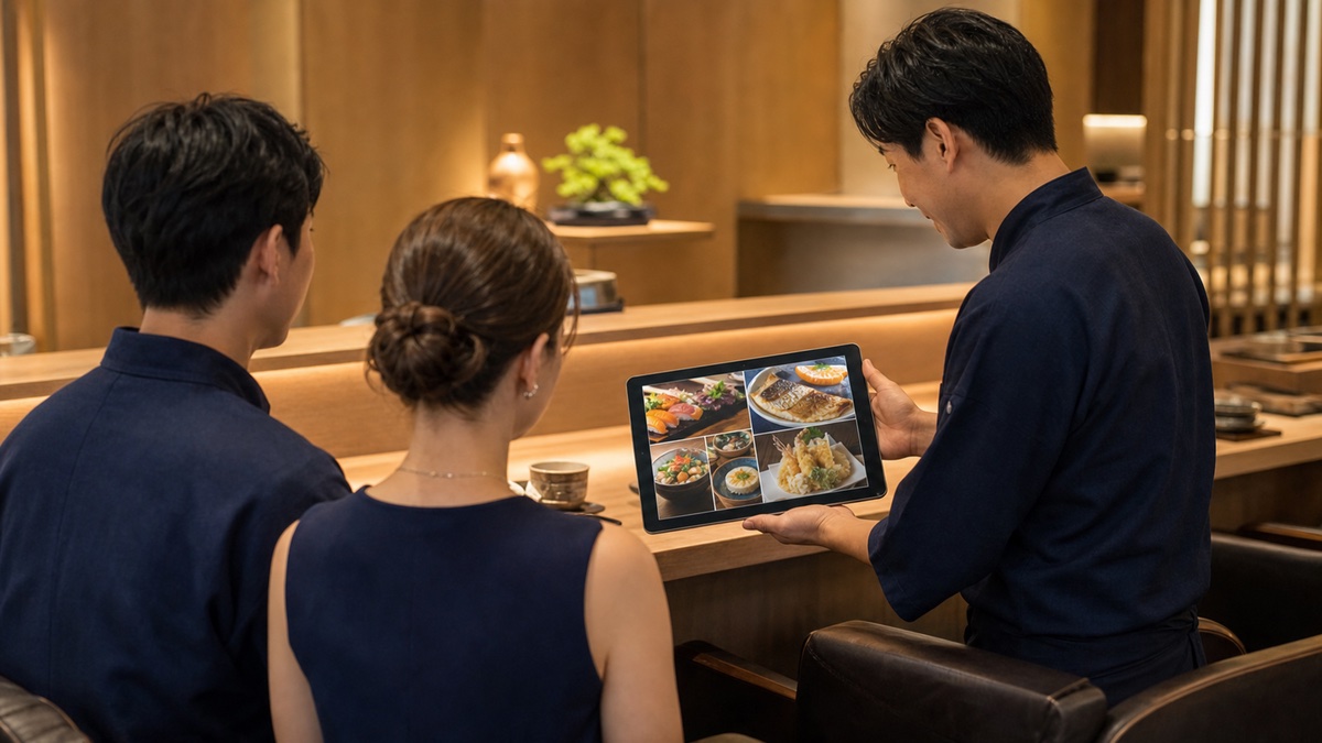 タブレットのメニュー写真を使って来店客に料理を説明している様子