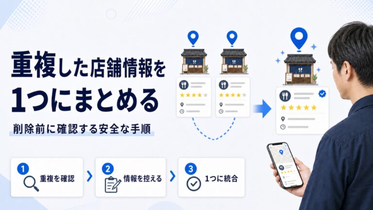 重複した店舗情報を1つにまとめる手順のアイキャッチ。2つの店舗カードと地図ピンが1つに集約され、重複を確認・情報を控える・1つに統合の3ステップを示している