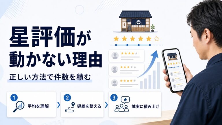 星評価が動かない理由を扱うアイキャッチ。横ばいの平均値とクチコミカードを示し、平均を理解・導線を整える・誠実に積み上げの3ステップを並べている