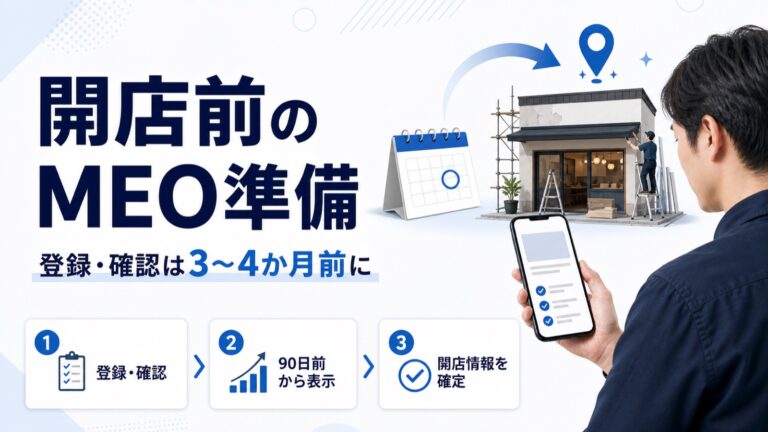 開店前のMEO準備を示すアイキャッチ。カレンダーと内装工事中の店舗を並べ、登録・確認は3〜4か月前に、90日前から表示、開店情報を確定の3ステップを示している