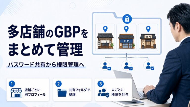 多店舗のGoogleビジネスプロフィールをまとめて管理するアイキャッチ。3店舗が共有フォルダにまとまり、店舗ごとに別プロフィール・共有フォルダで整理・人ごとに権限を付与の3点を示している