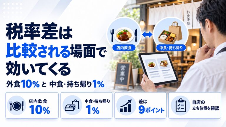 消費税1%でお客さまは中食に流れるのか。外食10%と中食1%の価格差と、影響を受けやすい場面を示した図