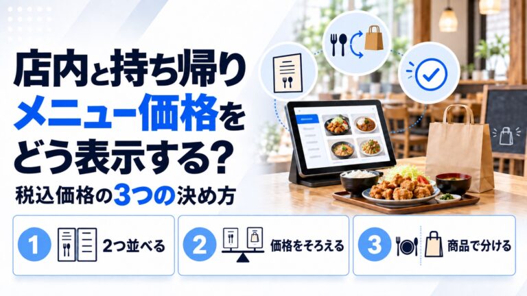 店内10%とテイクアウト1%をメニューにどう書くか。表示の3つのやり方を示した図