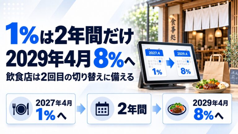 消費税1%は2029年に終わる。8%へ戻るときの備えと2年間の使い方を示した図