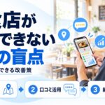 飲食店が集客できない原因を示す図解。店主がスマホで地図と口コミを確認しており、来店導線・口コミ活用・継続運用という3つの盲点を示している
