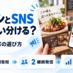 チラシとSNSの使い分けを示す図解。印刷チラシとスマホのSNS投稿を並べて持つ手を中心に、短期告知・継続発信・効果測定という3つの観点を示している