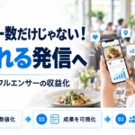 グルメ系インフルエンサーの収益化を示す図解。スマホの料理投稿と伸びるグラフを中心に、信頼を数値化・成果を可視化・継続につなげるという3ステップを示している
