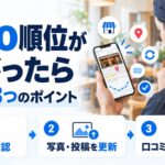MEOの順位が下がったときの見直しを示す図解。店主がスマホで順位の推移と店舗情報を見ており、情報を確認・写真と投稿を更新・口コミ導線を整えるという3つのポイントを示している