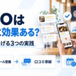 MEOの効果を確かめる図解。店主がスマホで口コミと成果グラフを見ており、プロフィール整備・口コミ導線・継続更新という3つの実践を示している