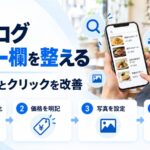 食べログのメニュー欄を整える図解。スマホにメニューの一覧が表示され、商品名を具体化・価格を明記・写真を設定・定期更新という4ステップを示している