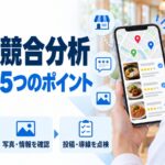MEOの競合分析を示す図解。スマホに競合店の一覧と星評価が並び、口コミを比較・写真と情報を確認・投稿と導線を点検という観点を示している