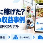 clues restaurant を使うインフルエンサー3名の収益事例を示す図解。スマホのSNS投稿と予約済み表示、右肩上がりのグラフを中心に、カフェ発信・ランチ特化・副業で継続という3つのタイプを示している