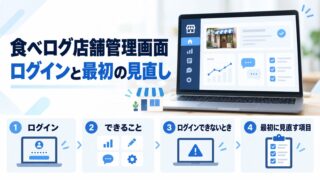 食べログ店舗管理画面のログインと、ログイン後に最初に見直す項目を示すアイキャッチ。ノートパソコンの管理画面イメージと、ログイン・できること・ログインできないとき・最初に見直す項目の4ステップ