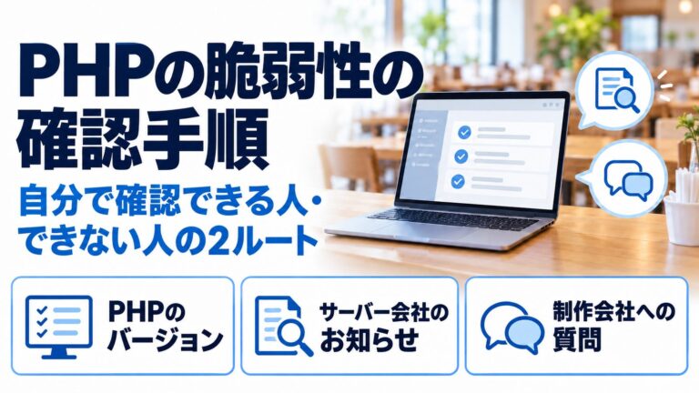 PHPの脆弱性の確認手順。自分で確認できる人・できない人の2ルートで、PHPのバージョン・サーバー会社のお知らせ・制作会社への質問を解説