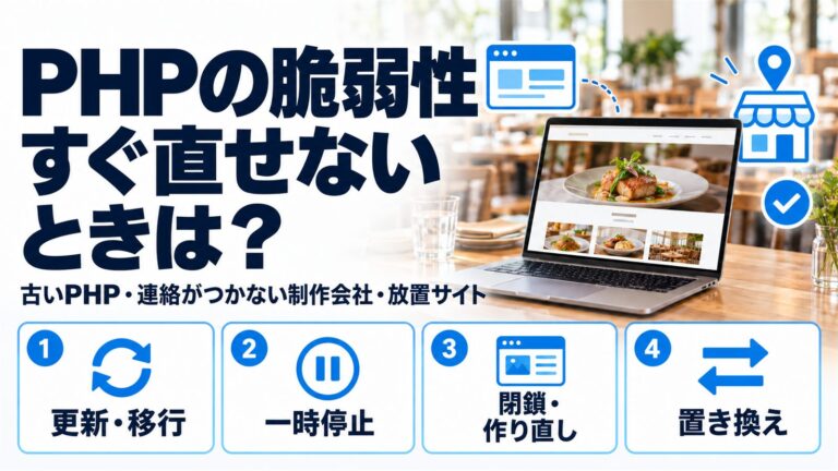 PHPの脆弱性をすぐ直せないときは?古いPHP・連絡がつかない制作会社・放置サイト向けに、更新・移行、一時停止、閉鎖・作り直し、置き換えの4つの道を解説