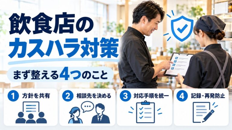 飲食店のカスハラ対策として店長とスタッフが対応手順を確認する様子と、まず整える4つのこと(方針の共有・相談先・対応手順・記録と再発防止)