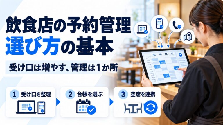 飲食店の予約管理の選び方の基本を示すアイキャッチ。電話・ネット・Googleマップの予約を1つの予約台帳に集めるイメージと、受け口を整理・台帳を選ぶ・空席を連携の3ステップ