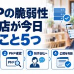 PHPの脆弱性に対して飲食店が今日やること5つ。サーバー会社のお知らせ確認、PHPバージョン確認、制作会社へ連絡、公開を判断、偽メールに注意