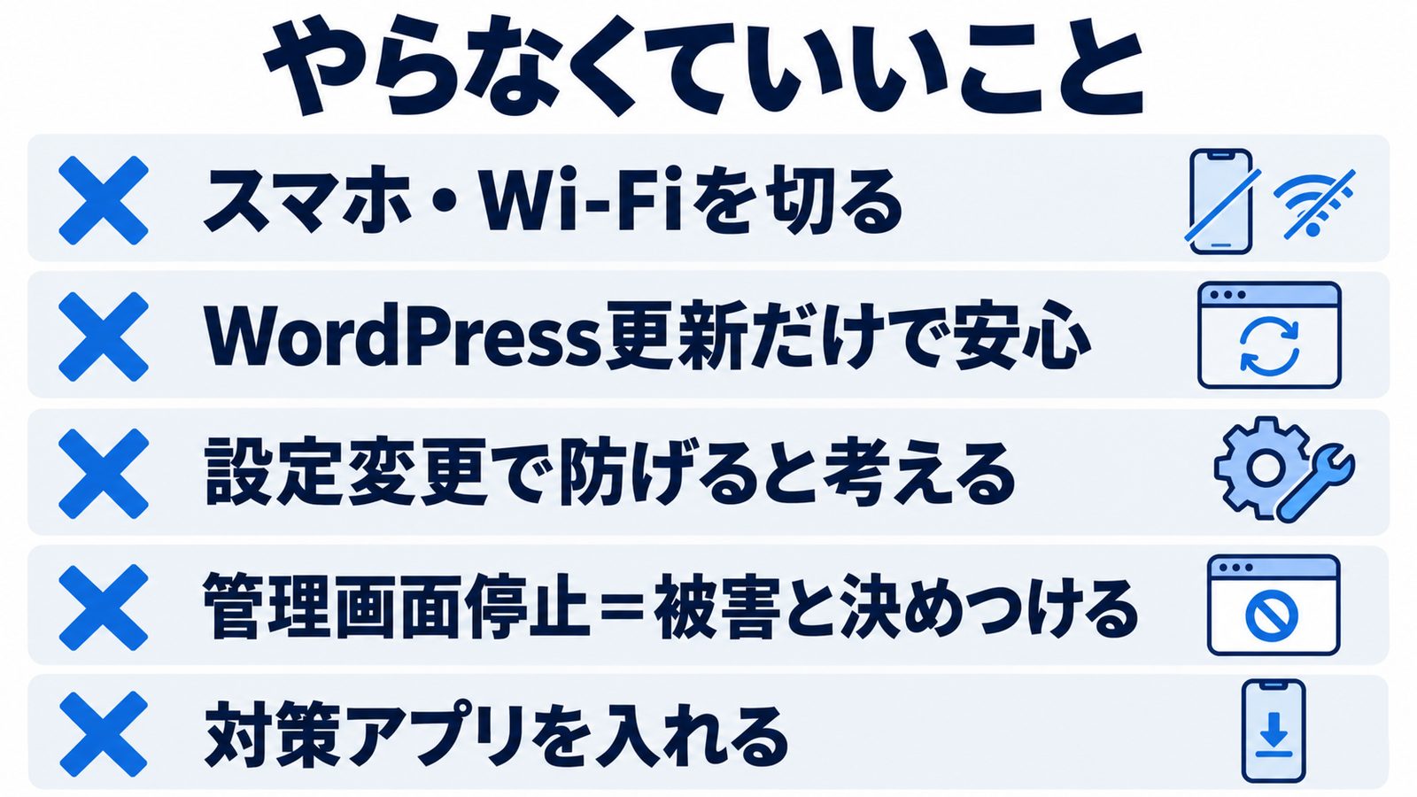 PHPの脆弱性でやらなくていいことのリスト。スマホやWi-Fiを切る、WordPress更新だけで安心する、設定変更で防げると考える、管理画面停止を被害と決めつける、対策アプリを入れる、の5つに×印